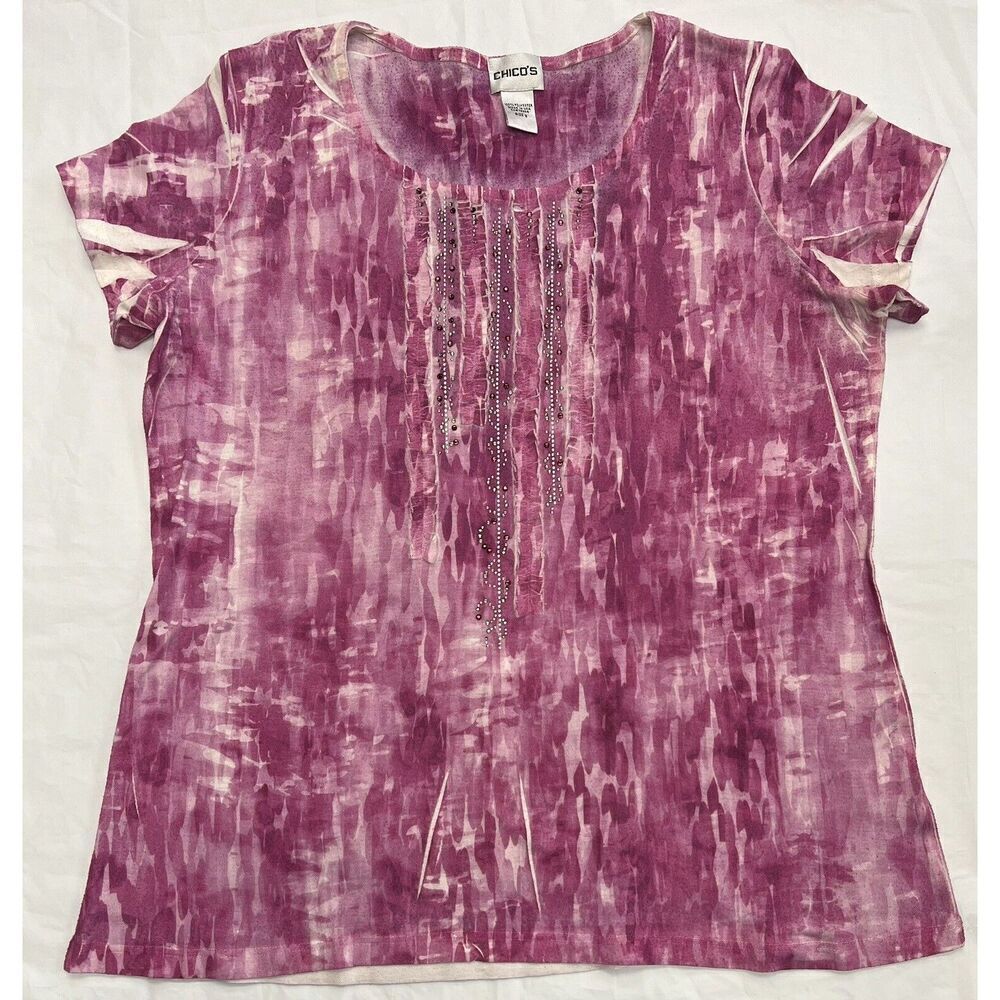 Chico's Pink and White Short Sleeve Tee with Beaded Front
